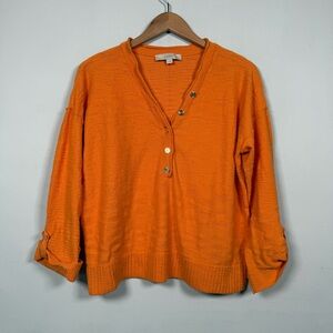 LOFT Bright Orange V-Neck Button Pullover Sweater, Size L